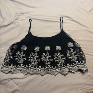 Chic Black Camisole with White Floral Embroidery